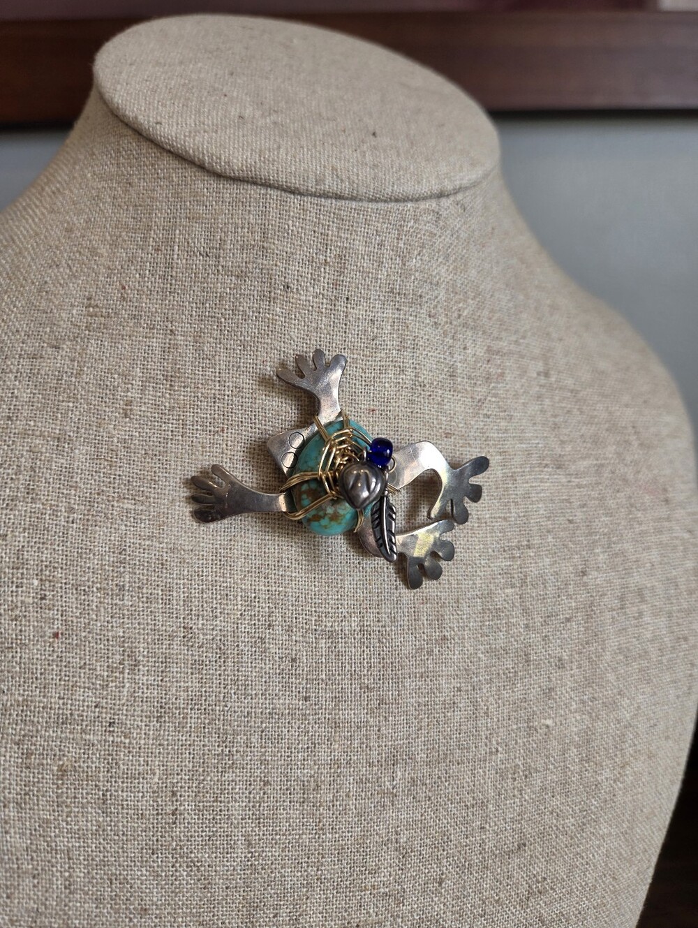 Michelle Delong Signed Artisan Made Silver Frog Brooch Pin Turquoise 14kgf Wire
